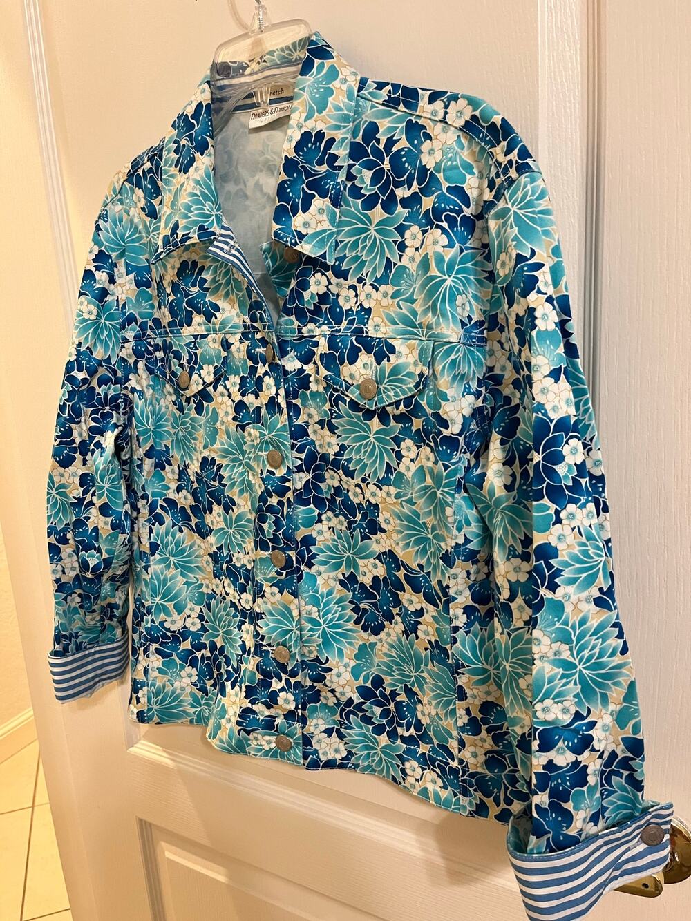 Drapers & Damons Petite Large Floral Jacket Blue White Stretch Cotton Jean Style